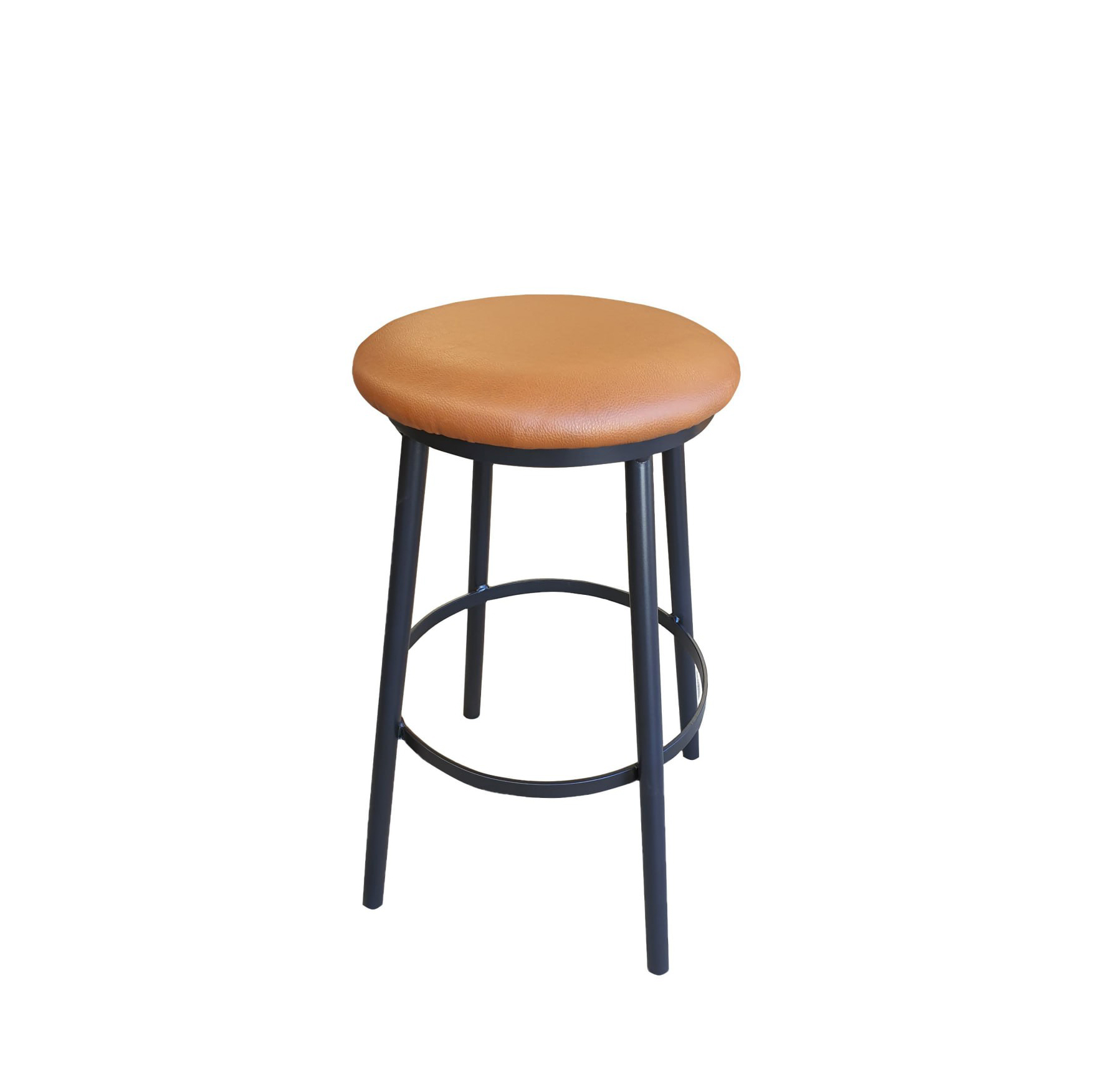 Deck Round Stool Powder Coated with Vinyl Light Brown Upholstery and Foot Support
